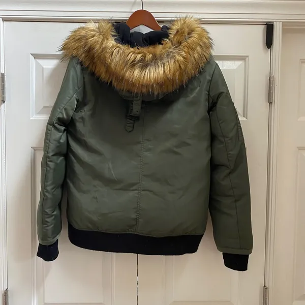 S13 Bomber Jacket Women M Olive Green Duck Feather Down Faux Fur Hooded Gorpcore - Image 9