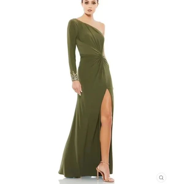 Mac Duggal 55696 Womens Olive ONE SLEEVE BEADED CUFF SIDE TWIST GOWN - Image 3