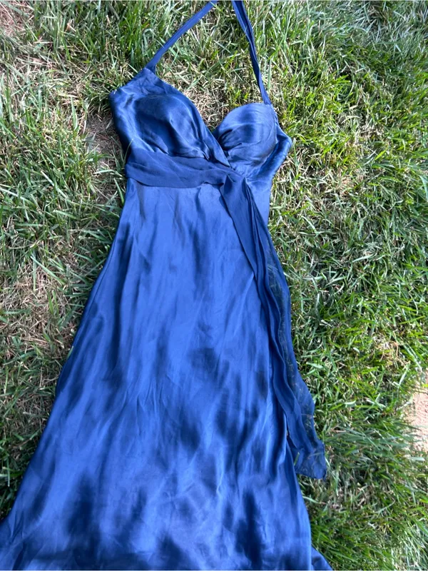 Vintage‎ y2k Cache Silk Halter Dress size 6 blue high low whimsy floral summer - Image 2
