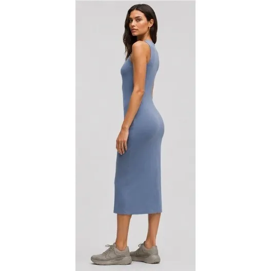 Lululemon All Aligned Ribbed Nulu Midi Dress‎ Washed Denim Size 2 - Image 4