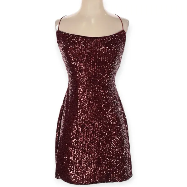 NWOT Mac Duggal 26479 Burgundy Red Cocktail Mini Dress Sequin Backless Size 8 - Image 3