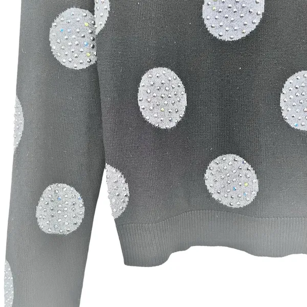 Alice + Olivia Black Gray Wool Polka Dot Rhinestone Embellished Crew Sweater XS - Image 4