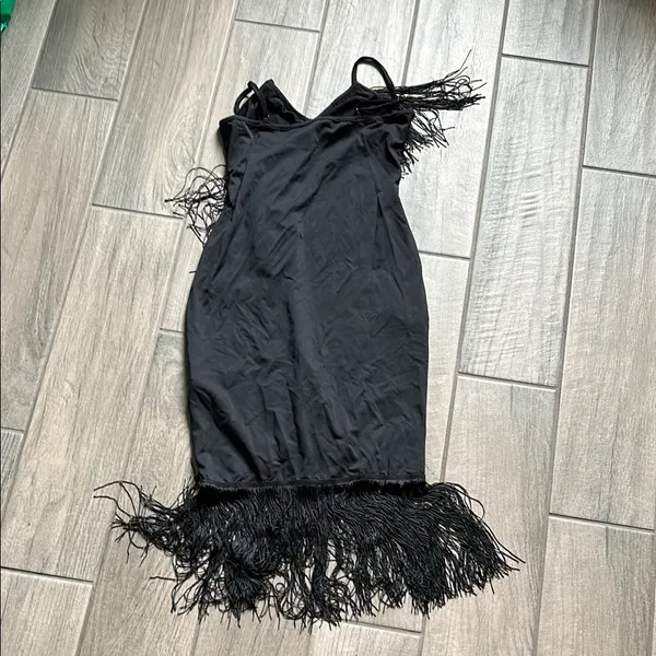 Black Asymmetrical fringe Dress with Spaghetti Straps - Image 4