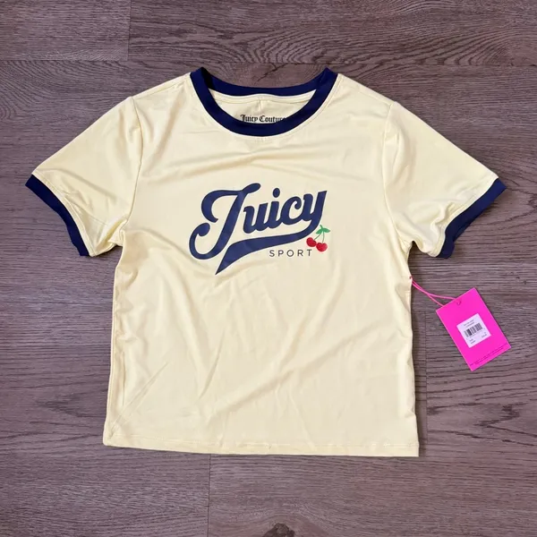 Juicy Couture Sport Cherry Baby Tee Ringer Crop Top Lemonade‎ Yellow Size S NWT - Image 2
