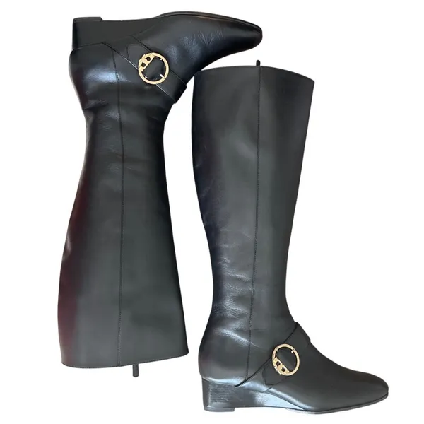 Tory Burch Moto Wrap Wedge Riding Boots Black Leather Gold Logo Size 8 - Image 6