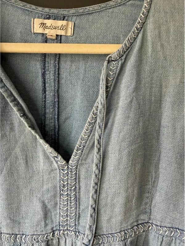 Madewell Light Wash Denim Dress with Long Sleeves and Tie Cuffs - Image 4