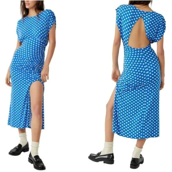 FREE PEOPLE Lakeside Mini Printed Dress in Bluebell Combo Hearts Size Large - Image 4