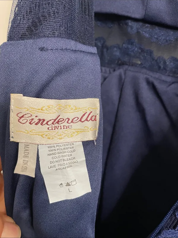 CINDERELLA DIVINE Navy Blue Lace Formal Maxi Dress Size Large - Image 9