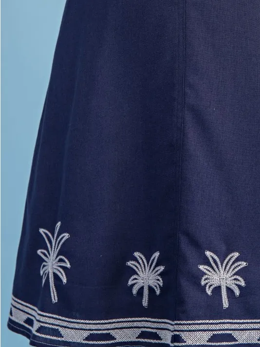 GIGIO Palm Tree Embroidered Linen Mini Dress Bubble Sleeve Medium - Image 6