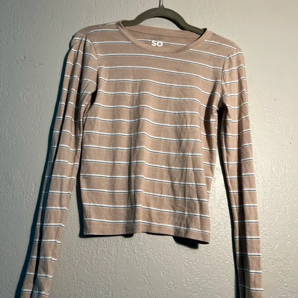 SO Women's Tan Striped Long Sleeve Top SZ XS Summer Casual T Shirt Cute + Petite - Image 2