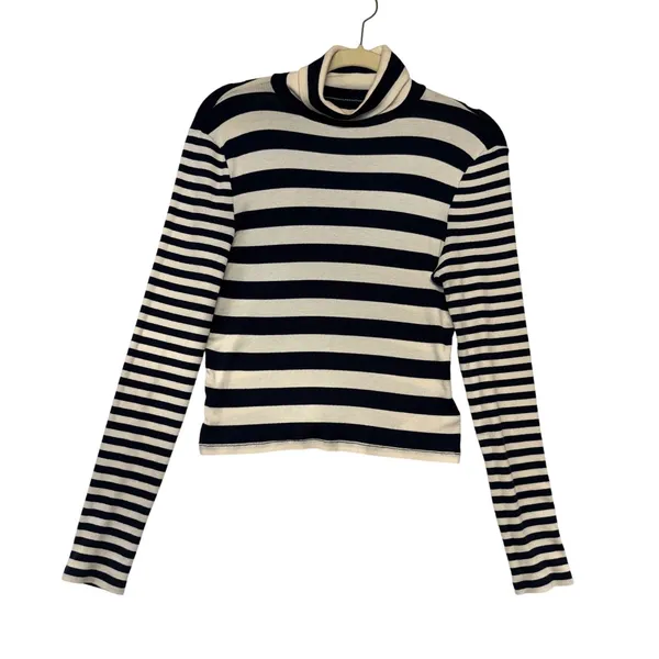 Madewell Women Navy Cream Striped Ribbed Turtleneck Long Sleeve Top Size L‎ - Image 2