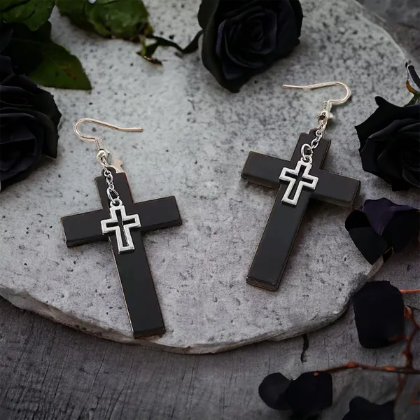 Unique design double‎ layer black cross light weight plastic dangle earrings - Image 4