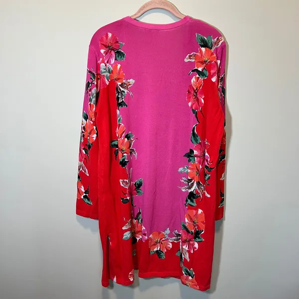 Chico's Floral Colorblock Open Front Cardigan Pink Red Longline Sweater XL‎ - Image 9