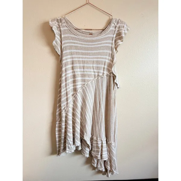Free People Mini Dress Women Small Beige Stripe‎ Ruffle Sun Valley Boho Tunic - Image 4