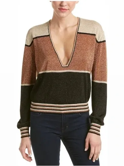 Free People Gold Dust Metallic Deep V Pullover Sweater Colorblock Size Large - Image 3