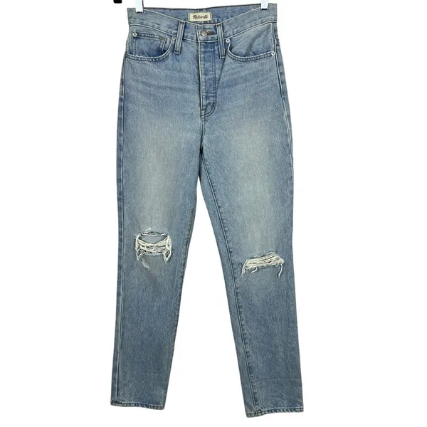 Madewell Classic Straight Jeans Size 25 Blue Distressed High Rise Rigid Denim - Image 3