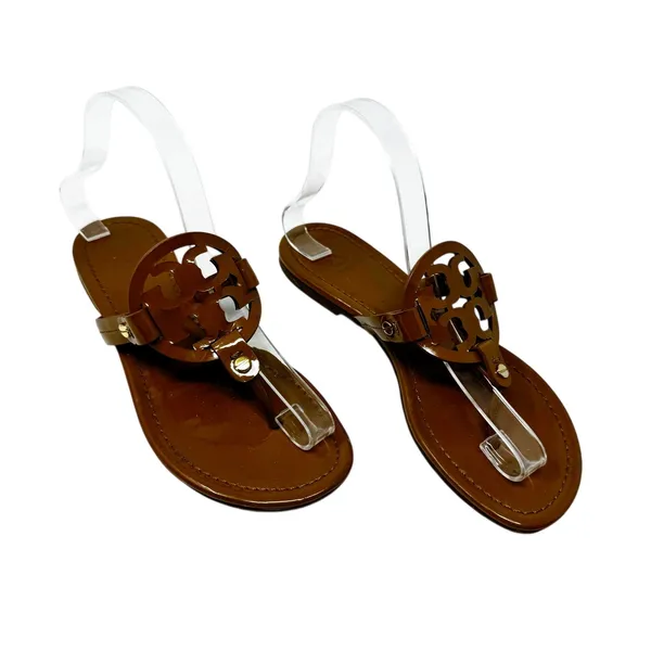 TORY BURCH Tan Caramel Patent Leather Miller Classic Designer Logo Sandals Sz 7 - Image 2