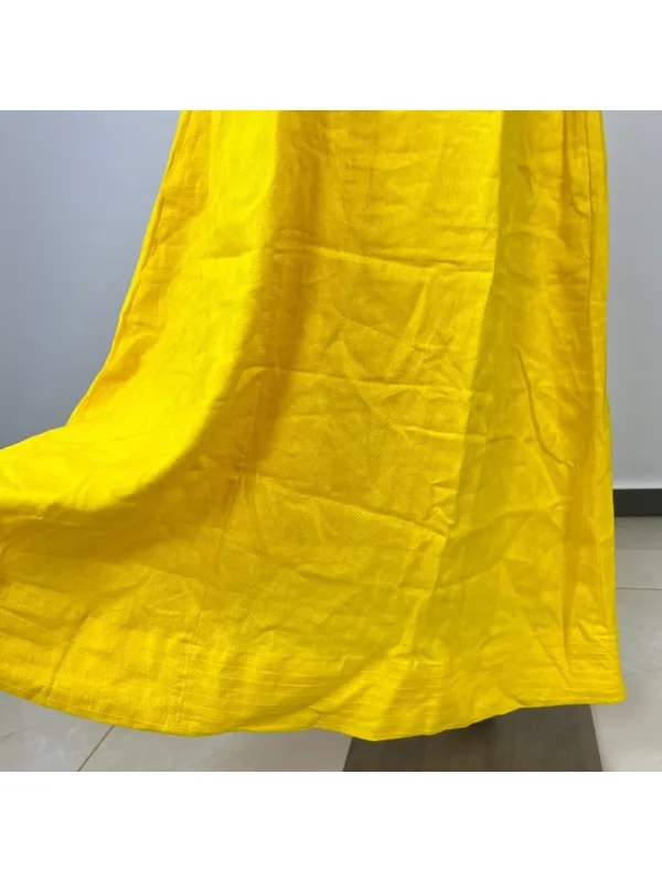 NWOT Farm Rio Linen Puff-Sleeve Cutout Midi Dress Yellow Size S - Image 6