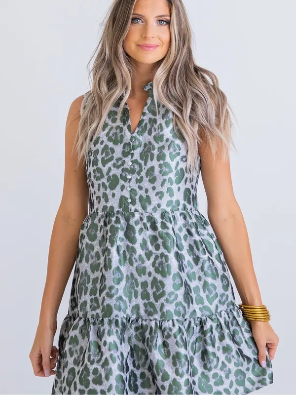 NWOT Karlie Green Leopard Tiered Tapestry Mini Dress Size Medium - Image 4