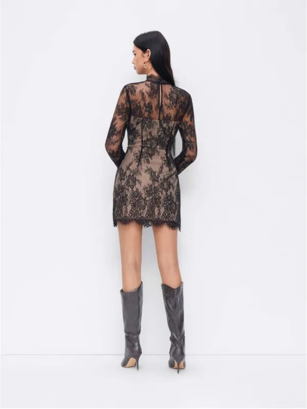Cider Black Lace Stand Collar Long Sleeve Straight Mini Dress Size 10 - Image 3