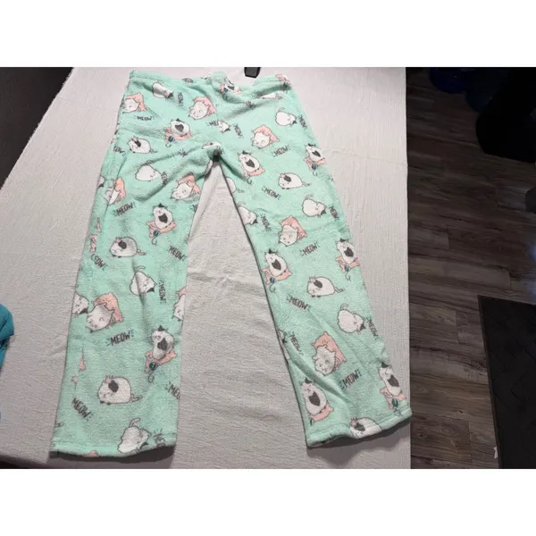 Joe Boxer Women's Pajama Set XL Teal Long Sleeve Top Mint Green Cat Fleece Pants - Image 5