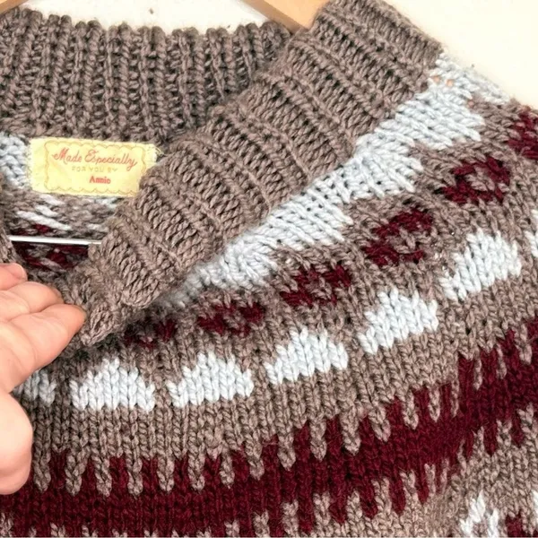 Handknit Sweater Taupe Maroon Cream nordic fair isle handknit Mockneck Knit - Image 4