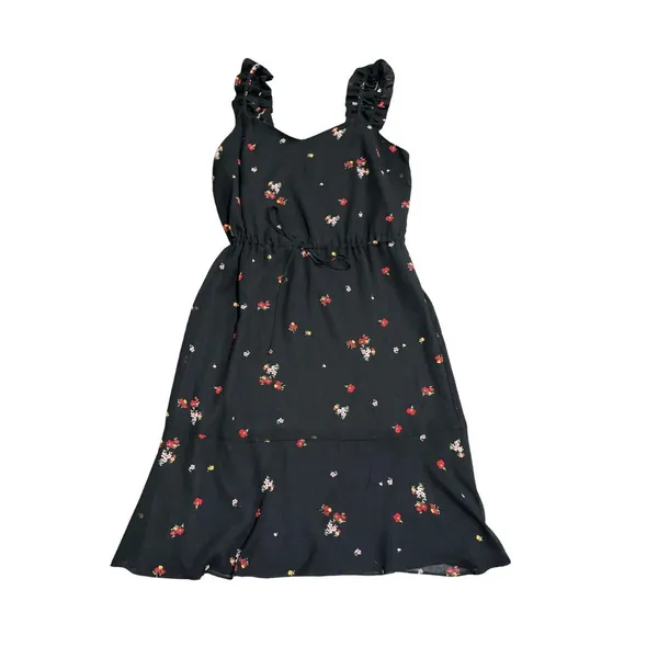 Who What Wear Black Floral Ruffle Sleeveless Dress SZ M Botanical Whimsy Artsy - Image 2