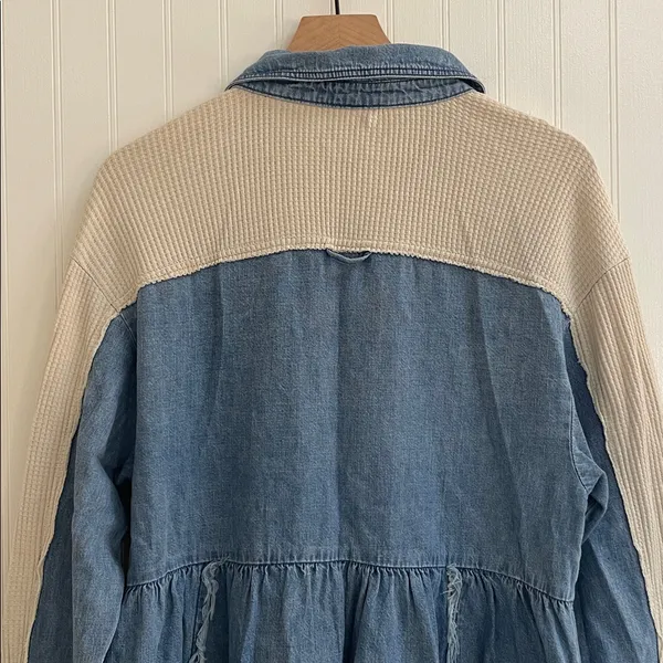 FREE PEOPLE Kenny Denim Mini Dress Tunic Waffle Raw Hem Boho Babydoll Size S - Image 9