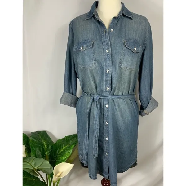 Universal Threads Blue Faded Button Down Raw Hem Belted Denim Casual Dress Small - Image 4