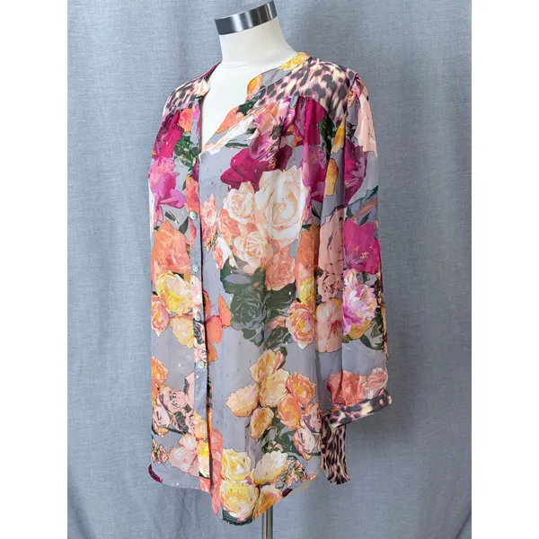 Figueroa & Flower Blouse Gray Floral Leopard Metallic Sheer XL - Image 7