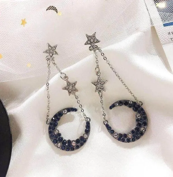 Moon and Stars Long Tassel Dangle Drop Earrings Silver - Image 2