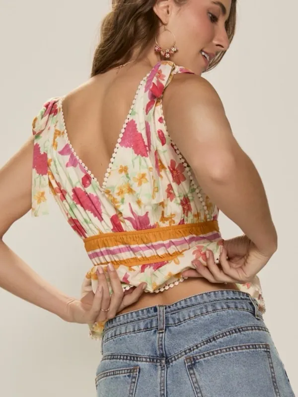 Francesca's Floral Tie-Shoulder Peplum Tank S - Pink & Cream - Image 2