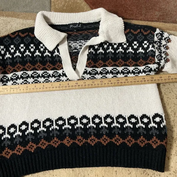 Marled Fair Isle Polo Sweater Women Size S White Black Brown Knit V-Neck Slv - Image 3