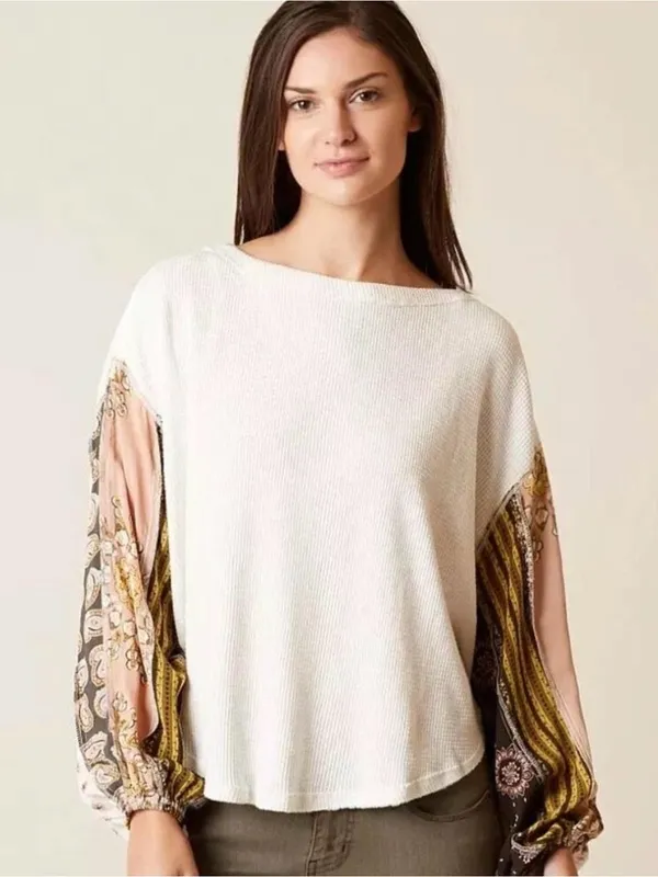 Free People We The Free Blossom Thermal Top Small Boho Patchwork Balloon Sleeve - Image 2