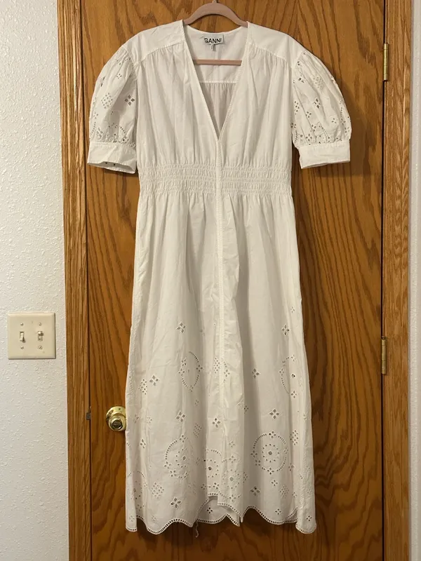 Ganni Organic Broderie Anglaise Eyelet Midi Dress w/Puff Sleeve - Size 34 (US 2) - Image 2