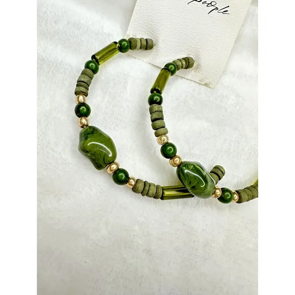 NEW Free People Bom Bom Island Beaded Bohemian Half Hoops in Green Beach Stone - Image 2