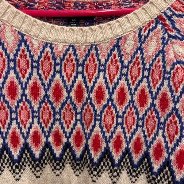 American Eagle Fair Isle Metallic Knit Sweater Womens Large Cream Red Blue L - Image 3