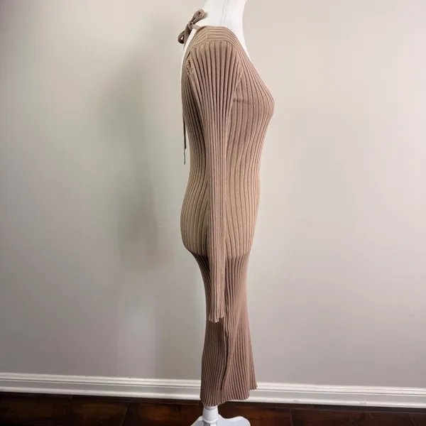 NBD REVOLOVE Tan Ribbed Knit Open Back Tie Maxi Dress Womens Small Deep V - Image 2