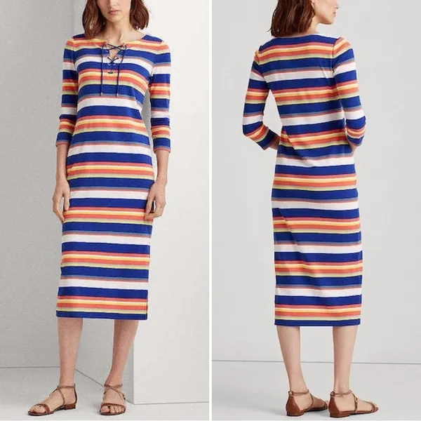 Lauren Ralph Lauren Multi Striped Lace Up 3/4 Sleeves Midi Dress, Size XL - Image 2