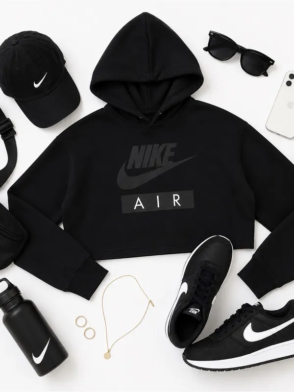 Nike Air Cropped Fleece Hoodie Black Women’s Medium Oversized Athleisure in EUC - Image 10