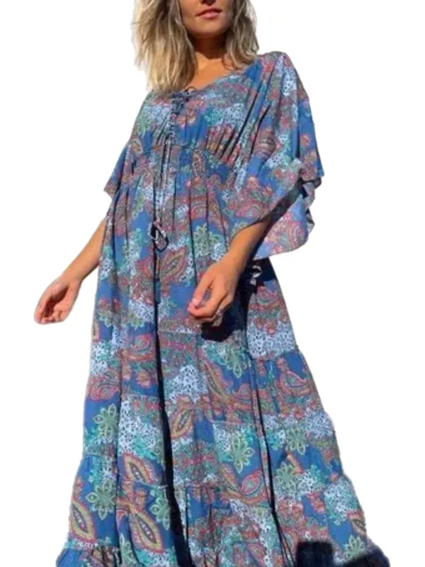 L Boemo Women’s Blue Paisley Animal Tiered Bohemian Maxi Dress Smocked Waist - Image 2