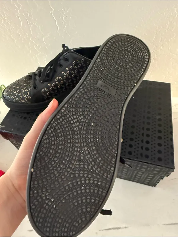 Alaia Black Leather Sneakers with Gold Cutout Pattern Size 11 - Image 2