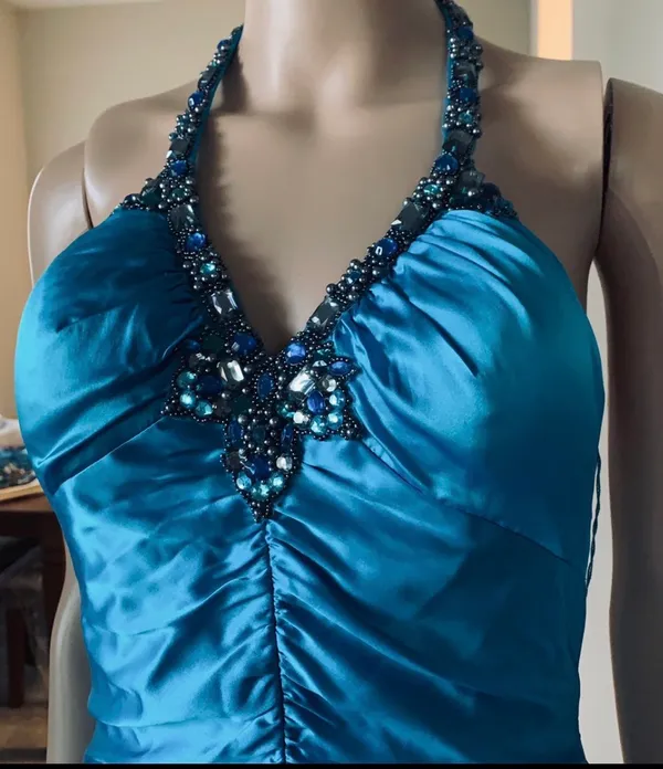 Cache Teal Beaded Halter High-Low Satin Dress - Image 6