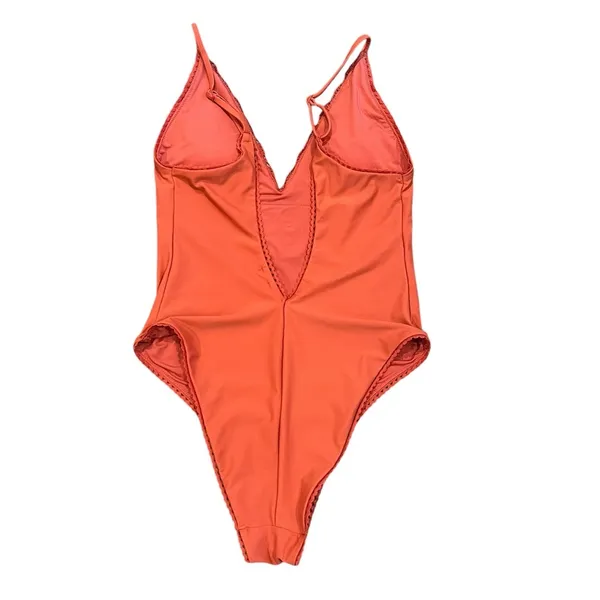 Aerie Crochet Lace Trim V Neck Back High Cut One Piece Swimsuit Rust Orange M - Image 3