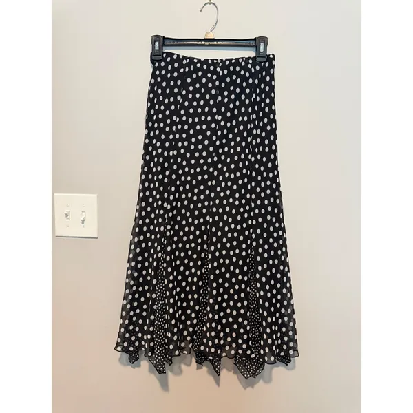Damart Polka Dot Handkerchief Hem Midi Skirt Black White Chiffon Lined UK 12 - Image 2
