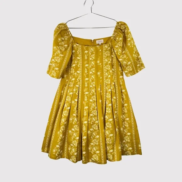 Mason's Daughter Mini Dress Yellow Emma Saffron Floral Square Puffed Boho Medium - Image 2