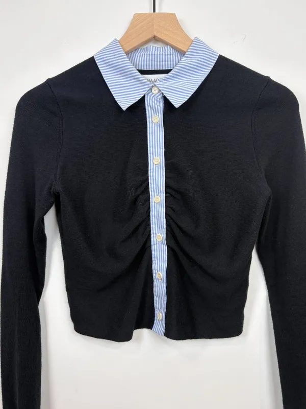 🌟 Naadam 🌟 Mixed Media Collared Sweater Cardigan Cotton Cashmere Black Sz S - Image 3