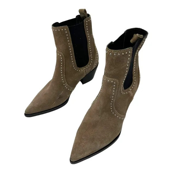 Paige Studded Suede Pointed Toe Chelsea Ankle Boots Taupe Size 7 - Image 5