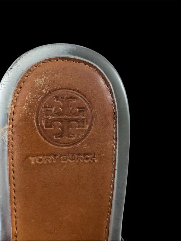 Tory Burch Brown Leather Sandals with Silver Logo Medallions - Image 3