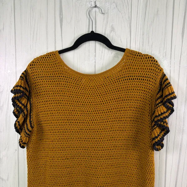 LOFT Open Knit Flutter Sleeve Top‎ in Mustard Yellow & Navy, Medium - Image 9